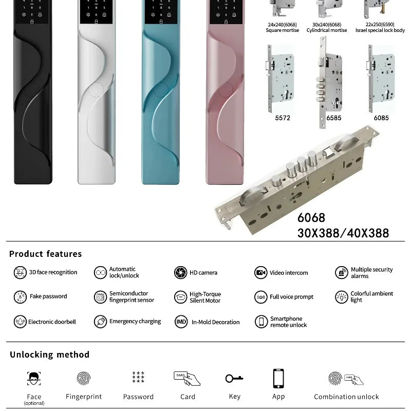 Tuya App Security Lock, Waterproof Smart Door Locks with 3D Face & Palm Recognition Camera Video, Smart Lock Suitable for Israel