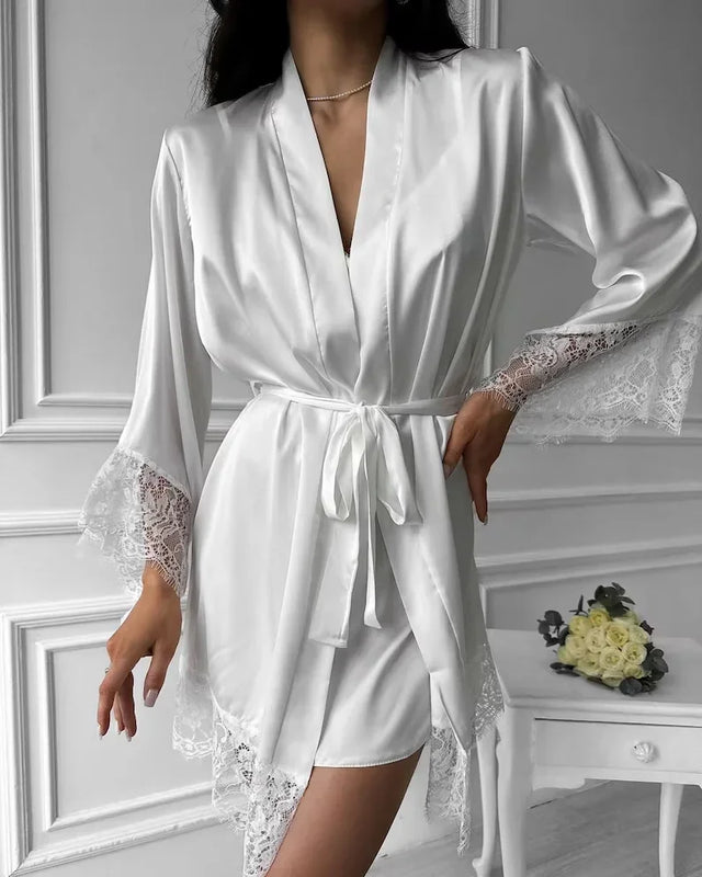 Women's Sexy Night Gown Robe V-Neck Satin Lace Bathrobe | SAMAG