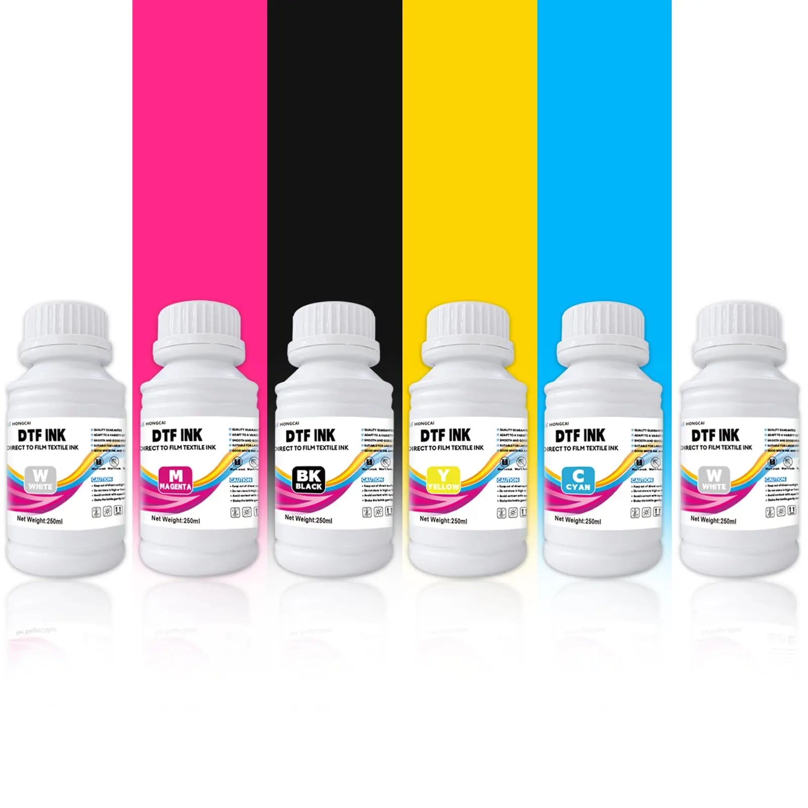 HONGCAI DTF ink 250ml x 6 combo pack , for PET film, DTF ink refill, for L1800 R1390 L805 XP15000 I3200 4720 XP600 TX800 Compatible with DTF printers (1C+1M+1Y+1K+2W)