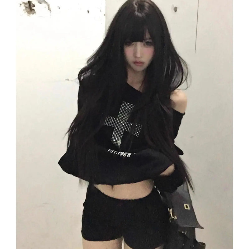 Seeslim Cross One-shoulder Graphic Hoodies Long Sleeve Black Women's Sweatshirts Harajuku Grunge 2000s Clothes Y2k Autumn Tops