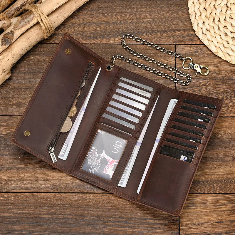 Men's Vintage Crazy Horse Leather Chain Wallet Genuine Leather Bifold Long Wallet Snap Card Holder Purse Zipper Coin Rfid Pocket