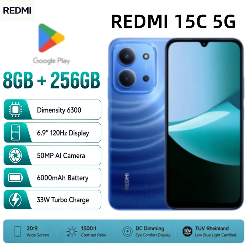 2026 new Redmi 15C 5G 8GB+256GB Smartphone, Dimensity 6300, 120Hz Display, 50MP AI Camera, 6000mAh Battery, 33W Turbo Charge