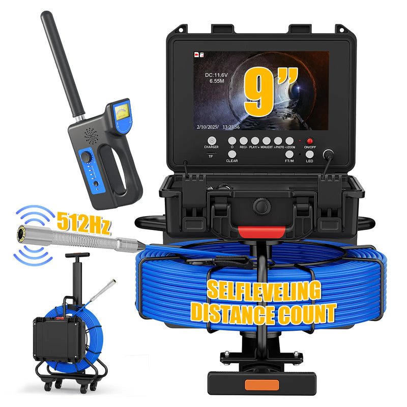 7mm 9" Pipe Inspection Camera with Trolley Pull Rod IP68 Sewer Pipeline Industrial Endoscope 512HZ Self-leveling Meter Counter