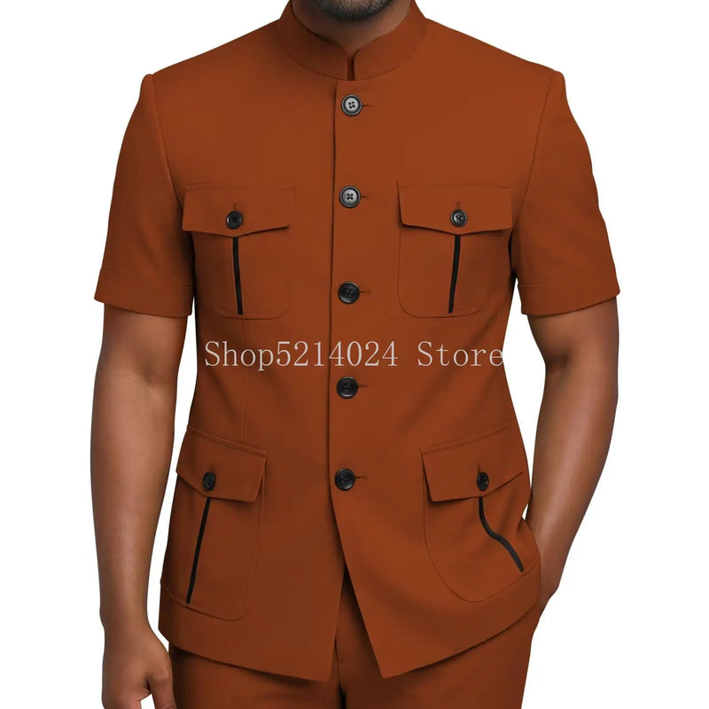 Mens Safari Suit 2 Piece Short Sleeve Suits for Men Regular Fit Stand Collar Suit African Clothes
