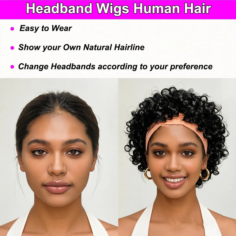 Pixie Cut Wigs Human Hair Short Headband Wig with Pre Plucked Hairline for Women Curly Wigs Bazilian Hair Full Machine Made Cap