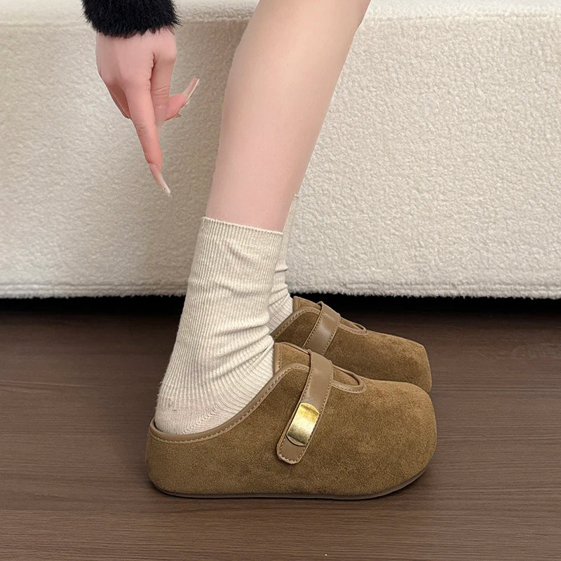 Women Lady Suede Flat Clogs Mules Slides with Gold Buckle Closed Toe Slip on Shoes Casual Fashion Footwear Slippers Shoes Woman