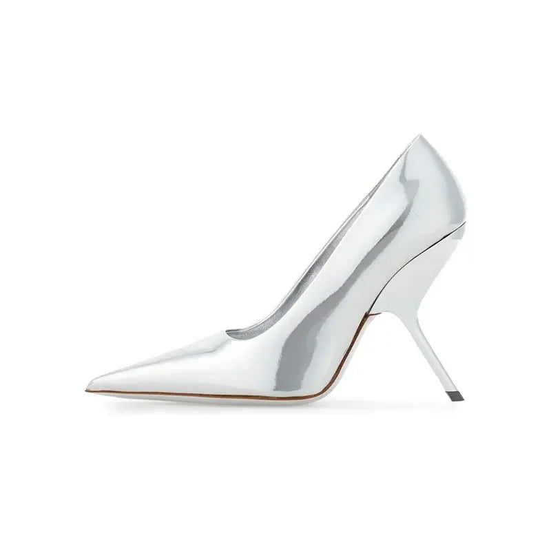SLSHLYJ Fashion Show Silvery 9cm High Heel Spring Autumn New Irregular Heels Black Red Pointed Sexy Women's Single Shoes Size 43