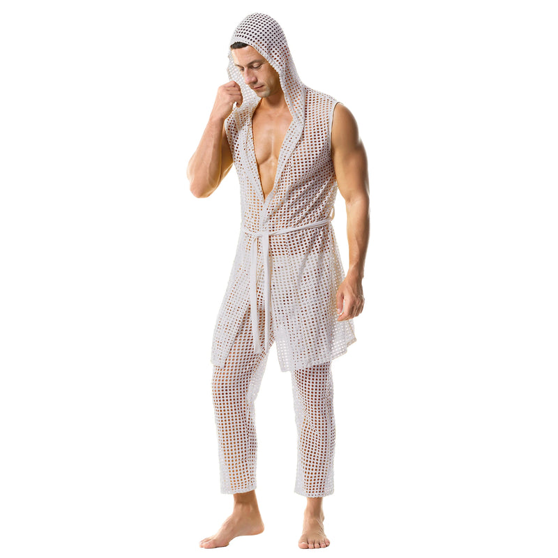 Men's Fishnet Hollow Out Robes Classic Lounge Pants Sexy Sleepwear Mens Robe Sets Daily Home Sleeveless Bathrobes Hooded Pajamas