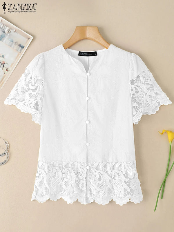 ZANZEA Elegant Women Lace Shirts Summer Blouses Tops - View 7 | SAMAG