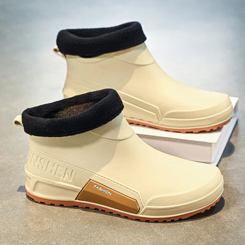 Men's Winter Fleece Lined Short Rain Boots Waterproof Non Slip Work Kitchen Safety Black Rubber Boots Thickened Shoe Bottom