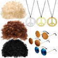 Men Synthetic Wig Hat Curly Hair Cap Sunglasses Necklace 3 PCS Set Funny 70s Disco Hippie Hair Props Party Hip Hop Dance Costume