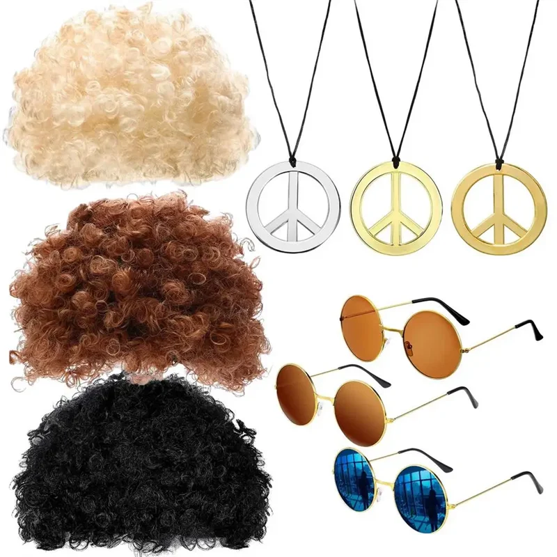 Men Synthetic Wig Hat Curly Hair Cap Sunglasses Necklace 3 PCS Set Funny 70s Disco Hippie Hair Props Party Hip Hop Dance Costume
