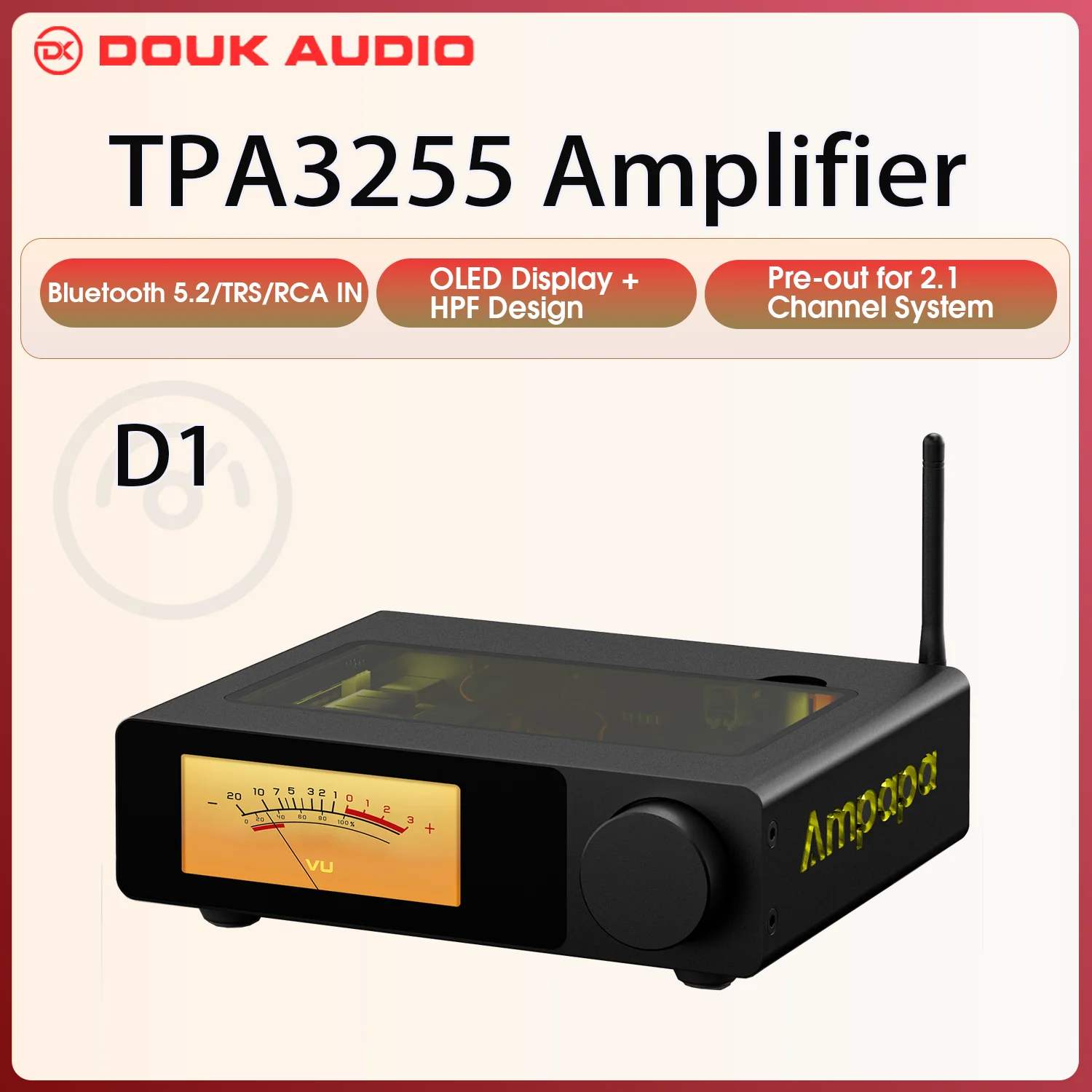 Ampapa D1 HiFi Stereo Bluetooth 5.2 Amplifier 2.0 Channel Home Audio Amp with Digital VU Meters HPF 300Wx2
