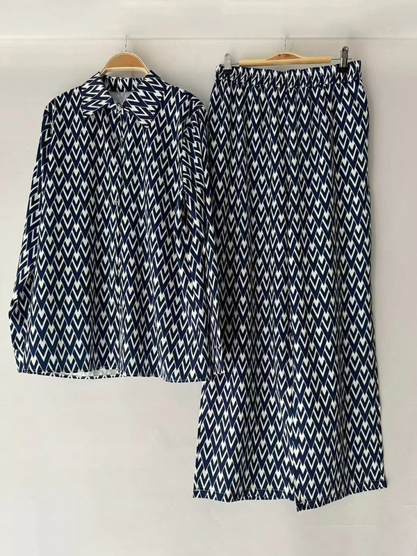 Retro geometric print lapel straight leg shirt two-piece set for 2026 spring women's clothing+loose wide leg pants fashion set