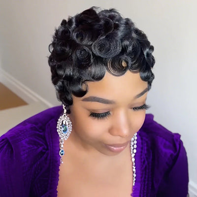 Human Hair Pixie Cut Wig Short Layered Curly with Bangs Natural Black Dark 99J Color Brown Color Machine Made Wig