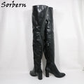 Sorbern Black Matte Block Square Heels Boots For Women Unisex Style Round Toe Mid Thigh High Half Zipper Long Boots Custom