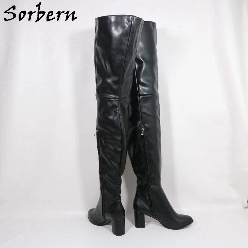 Sorbern Black Matte Block Square Heels Boots For Women Unisex Style Round Toe Mid Thigh High Half Zipper Long Boots Custom