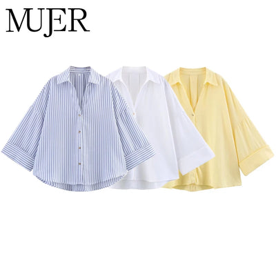 Striped Women's Shirt White Loose Casual for Summer | SAMAG