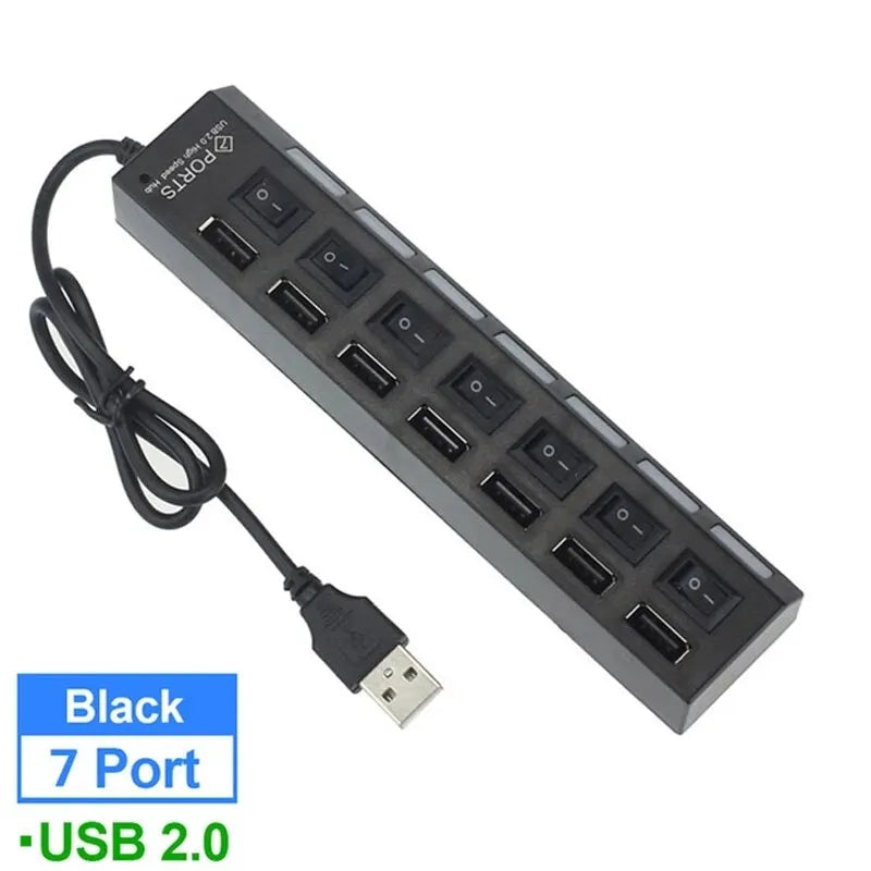 High Speed 7 Ports USB HUB 2.0 Adapter Expander Multi USB Splitter Multiple Extender with LED Lamp Switch for PC Laptop