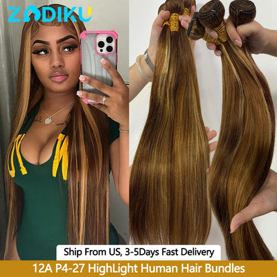 12A Highlight Bundles Human Hair P4-27 Straight Human Hair Bundles 100% Human Hair Raw Hair Bundles Highlight Wig Human Hair