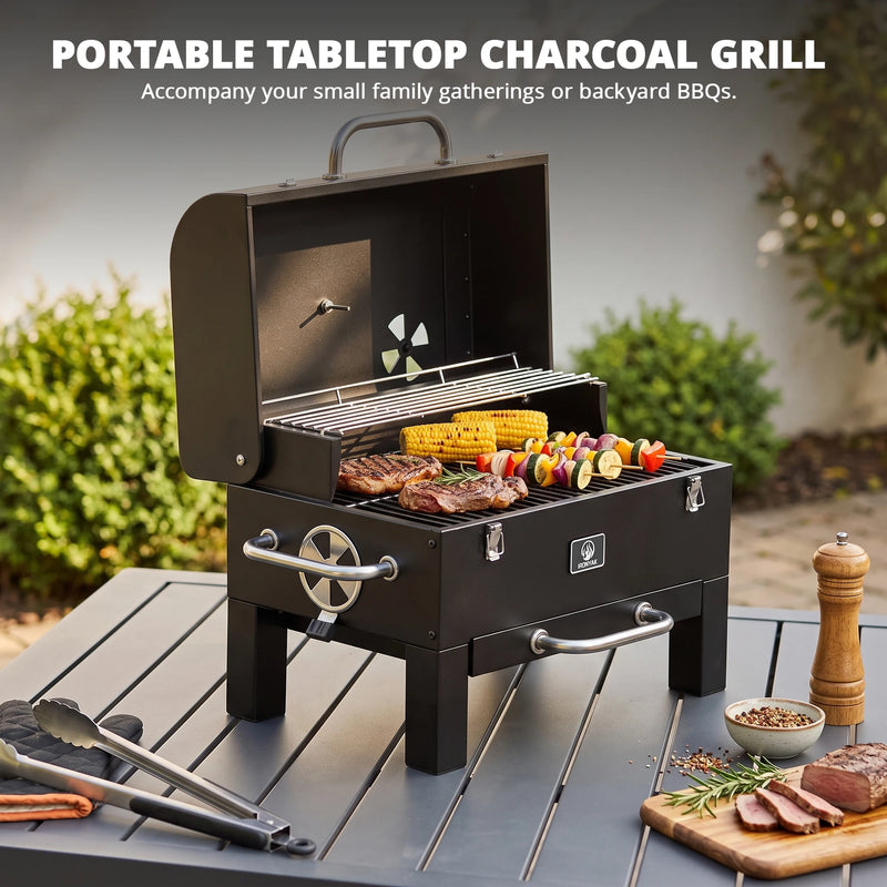IRONYAK Portable Charcoal Grill & Smoker, Compact 319 Sq.In. Cooking Area Tabletop BBQ for Camping Trips Cover Included