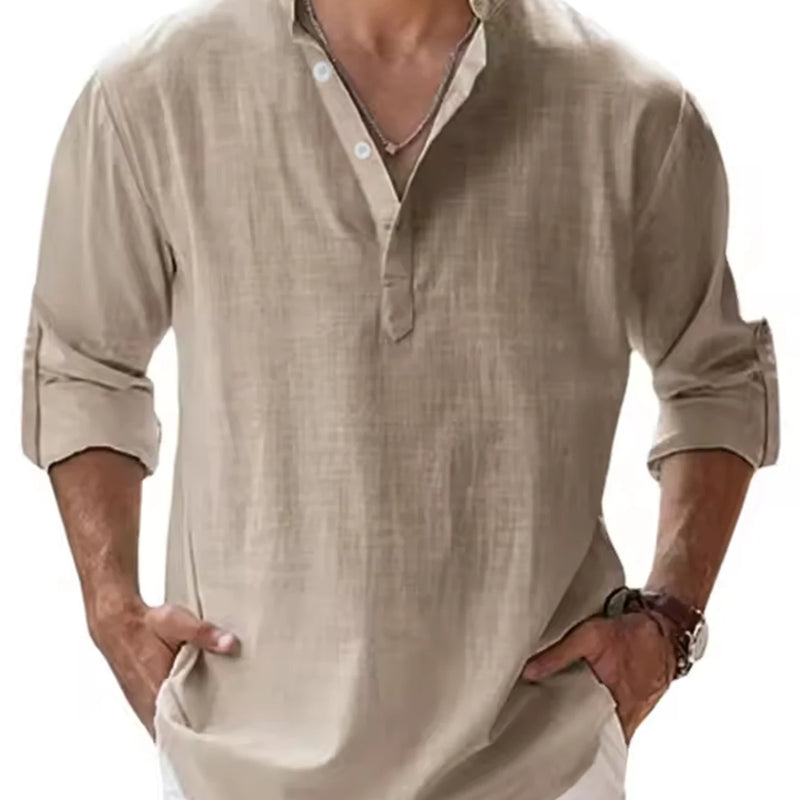 Men's Cotton Linen Henley Shirt Casual Long Sleeve Loose | SAMAG