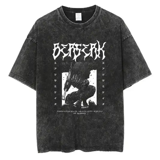Japanese Anime Berserk Retro Washed T-shirt Men and Women New Summer Harajuku Clothing Casual Round Neck Short Sleeved Top