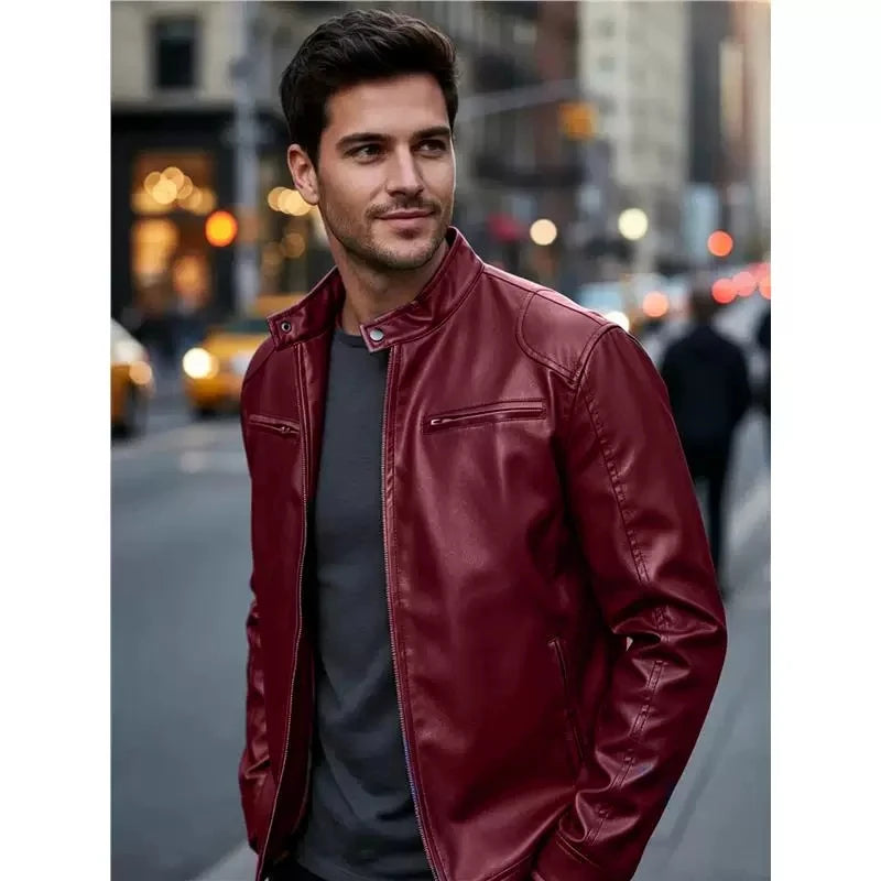Men's PU leather jacket stand-up collar slim-fit vintage-style biker jacket spring/fall top
