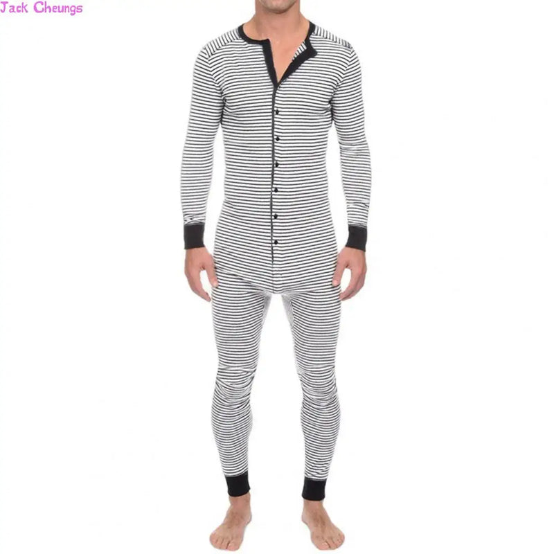 Men Skinny Striped Jumpsuit 2021 Long Sleeve O Neck Buttons Romper Sleepwear Overall Homewear Pajamas Sets Underwear