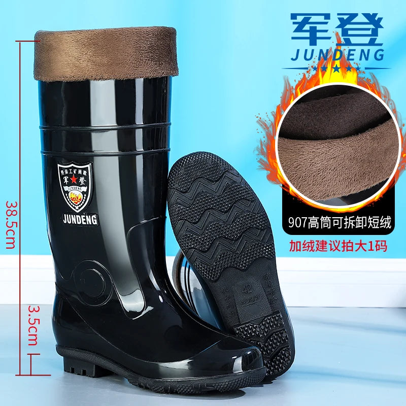 Large Size Men's Rain Boots High Tub Waterproof Anti-slip Work Site Rubber Shoes Fleece Lined Durable Plastic Outsole