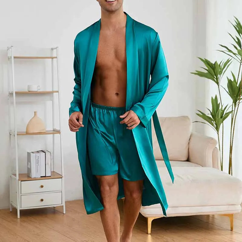 Men's Robe Shorts Pajamas Set Silky Satin Sleepwear Nightgown Loose Casual Long Sleeves Bathrobe Kimono Baroque Style Loungewear