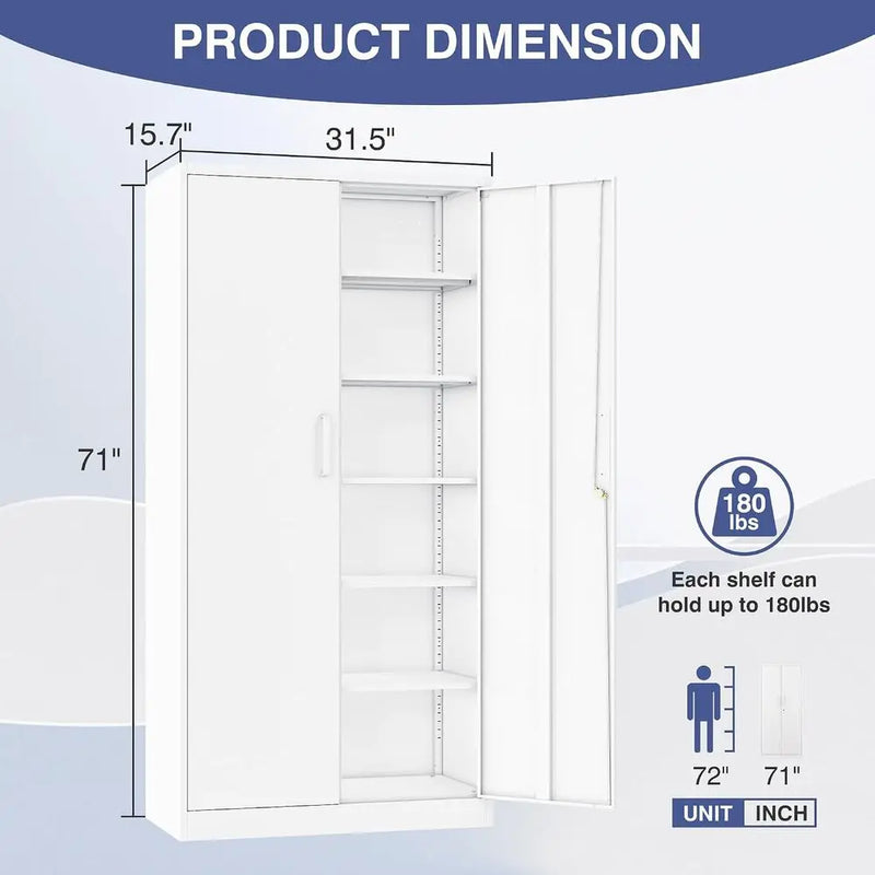 Metal Storage Cabinet with Lock,Tall White ile Cabinet with 2 Doand 5 Adjustable Shelves,Steel Storage Cabior Garage,Home Oice,P