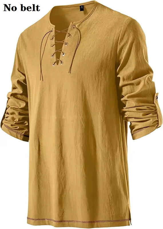 Men Medieval Lace Up Linen Long Sleeve Tunic Viking | SAMAG