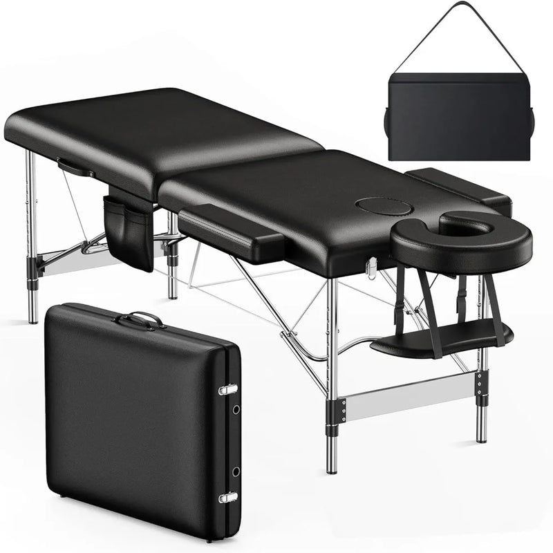 Massage Table Portable, 2-Fold Lash Bed with Side Pocket, Adjustable Height, Sturdy Aluminum Frame, Esthetician Spa Facial