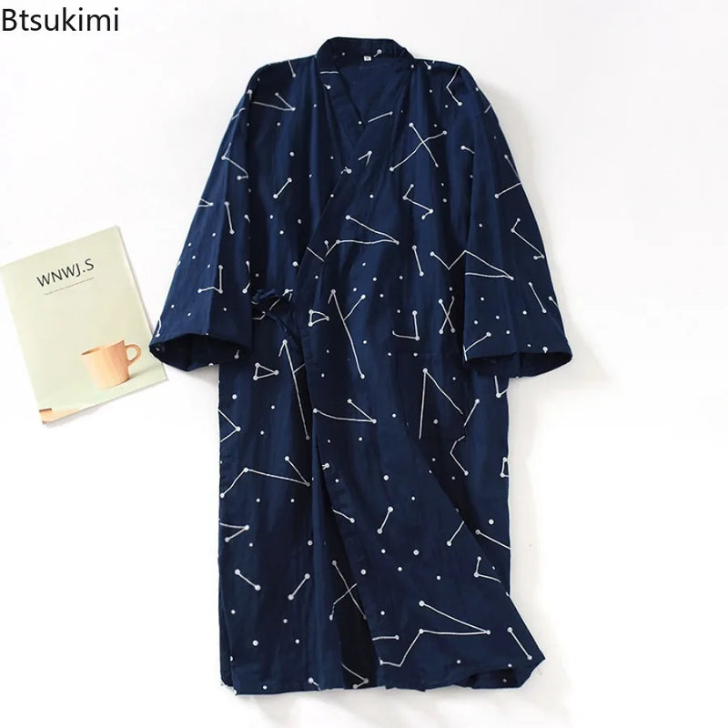 2026 New Men's 100% Cotton Gauze Bath Robes Loose Thin Japanese Kimono Pajamas for Men Casual Lace Up Bathrobes V-Neck Nightgown
