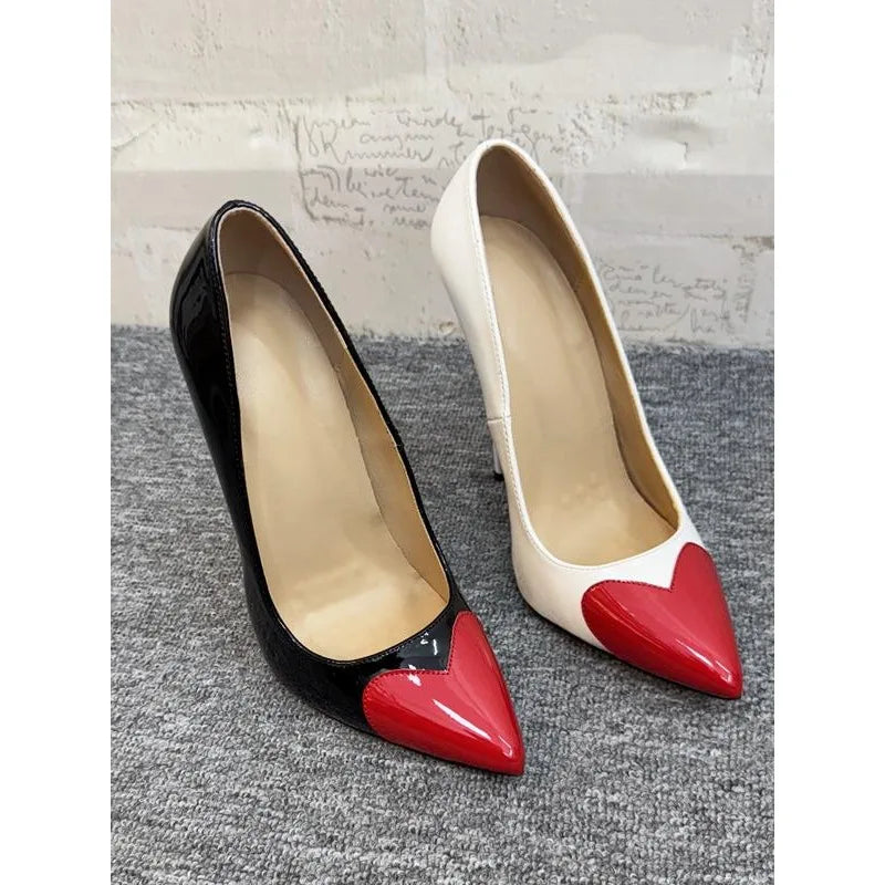 New slim high-heeled pointed shoes, sexy red peach heart color blocked light mouth shoes, 12cm fashionable plus size single shoe