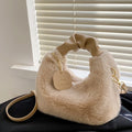 Women Faux Fur Plush Handbags Ruched Handle Small Lady Shoulder Crossbody Bag Casual Tote Half-Moon Hobos Winter Bags for Women