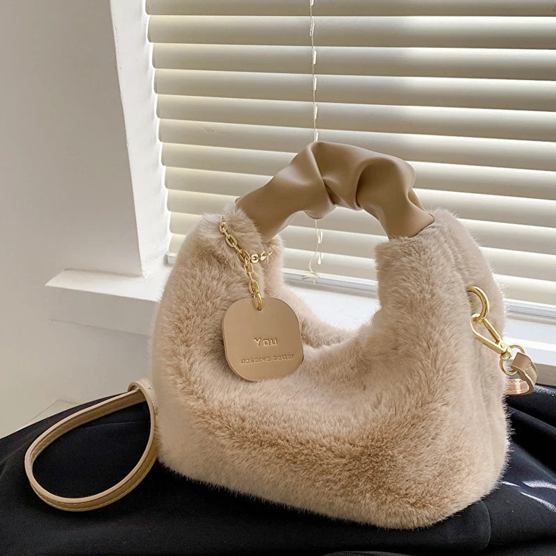 Women Faux Fur Plush Handbags Ruched Handle Small Lady Shoulder Crossbody Bag Casual Tote Half-Moon Hobos Winter Bags for Women