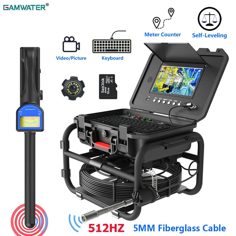GAMWATER Sewer Pipe Inspection Camera with 512HZ Locator Self-Leveling Video+Audio Record Meter Counter 9"1080P Endoscope Camera