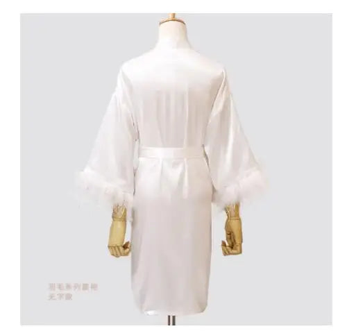 Women FEATHER Bride Bridesmaid Wedding Robe Satin Kimono | SAMAG