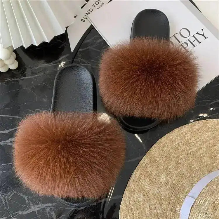 Women Real Raccoon Fur Slides Fluffy Luxury Furry Open Toe Slippers Indoor Outdoor Summer Sandals Non Slip Soft Comfy Sole Cozy