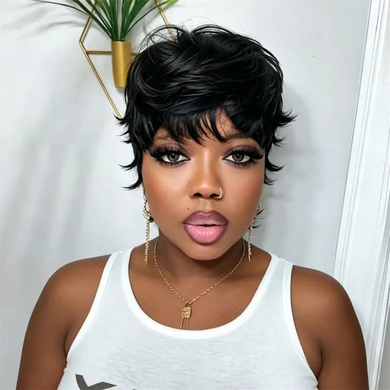 Mullet Pixie Cut Wig Natural Black Full Machine Made Wig With Bangs Fashion Style Breathable Easy To Wear For Women Daily Use