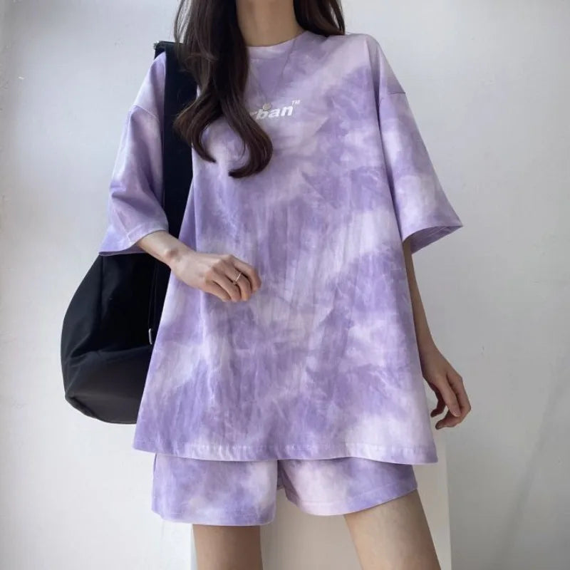2026 Women T-Shirt Shorts Suit Set Casual Tie Dye Loose Tshirt Wide Leg Middle Shorts With Pockets Female Soft Summer Shorts Set