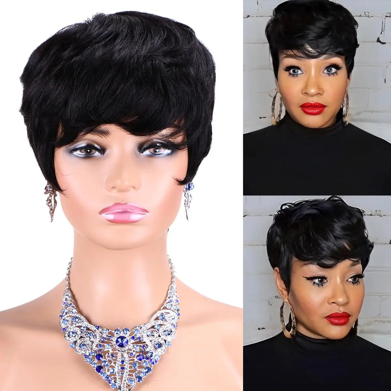 PIxie Cut Wigs for Black Women Human Hair Short Bob Wig Human Hair Wigs with Bangs Layered Style Bob Wigs for Women Machine