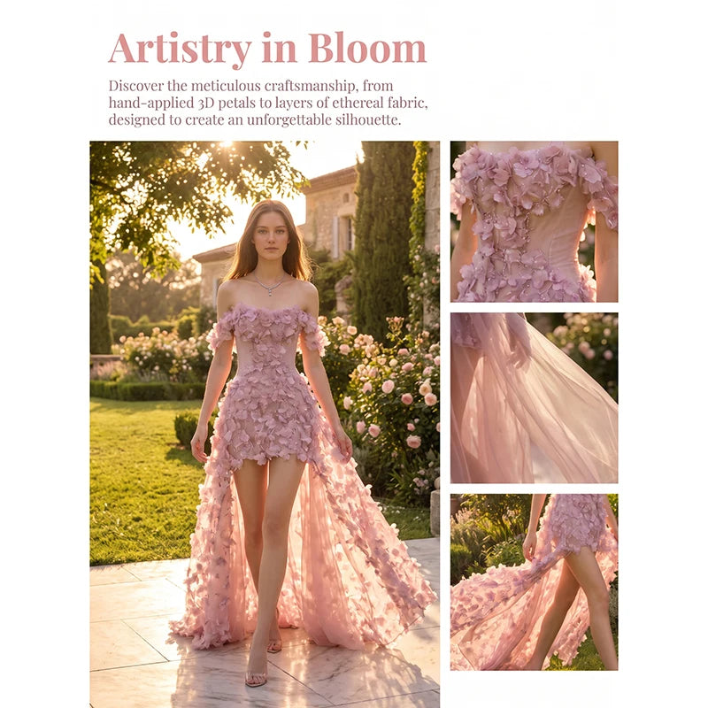 Pink Off Shoulder Mini Evening Dress 3D Handmade Floral | SAMAG