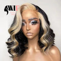 WIF Blonde Highlight Black Bob Wig Body Wave Short Bob Heat Resistant Synthetic Lace Front Wig Women Cosplay Use Daily Bob Hair