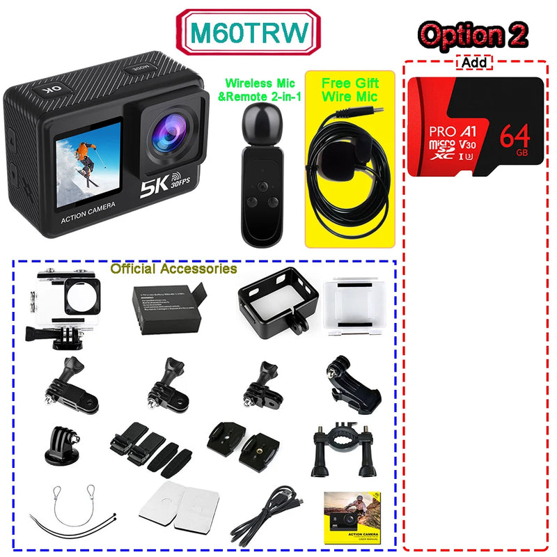 Action Camera 5K 4K60FPS  50MP 2" Touch Dual Screen 5X Zoom Wi-Fi EIS  170° DVR Webcam Wireless Mic 30M Waterproof Sport Camera