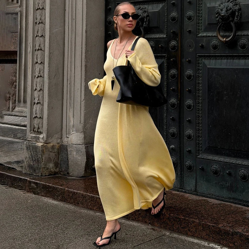 Tuularose Women Long Dress 2 Piece Solid Knitted Spaghetti Strap Dress Long Sleeve Cardigan Set Casual Fashion Female Dress Set