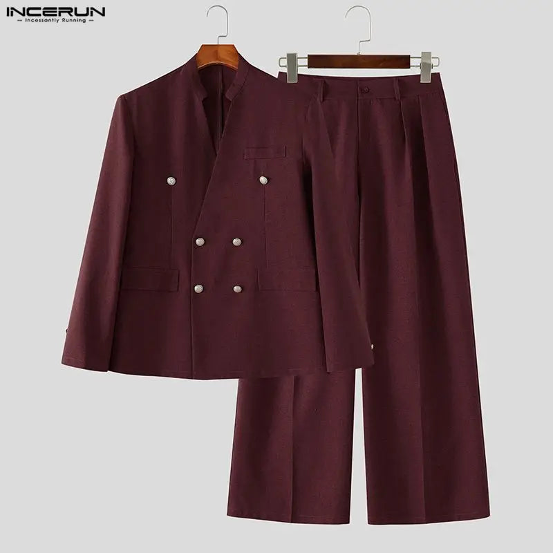 INCERUN Men's Sets Solid Color V Neck Long Sleeve Blazer Pants Two Piece Elegant Streetwear Fashion Matching - View 4 | SAMAG