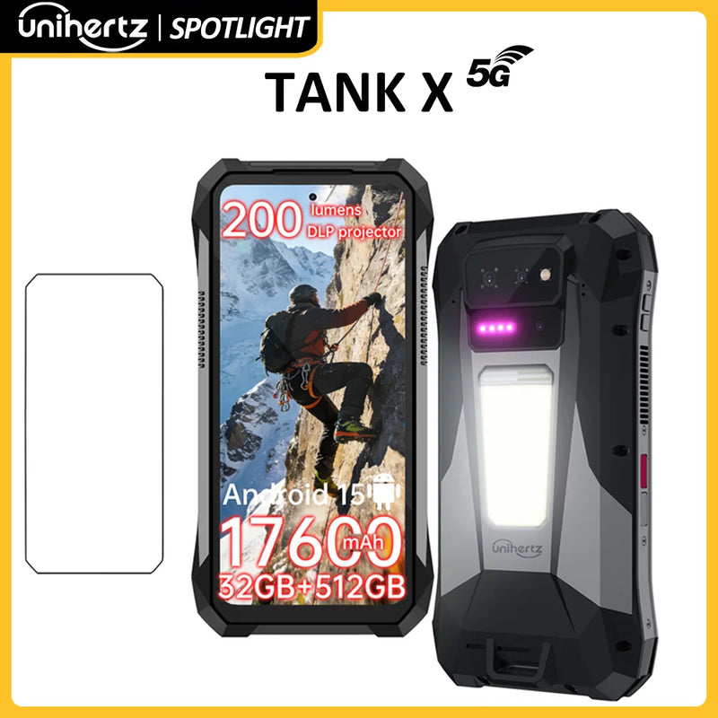 World premiere】Unihertz by 8849 TANK X Rugged Phone 5G Android 15 Built-in 1080P 220 lumen Projection 17600mah Battery 32+512GB